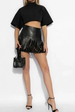 Alaïa BLACK Leather skirt with fringes