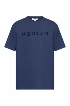 Alexander McQueen NAVY BLUE T-shirt with a logo and a velvet finish