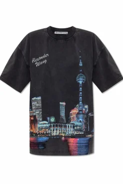 Alexander Wang BLACK T-shirt with print and shimmering applications