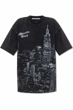 Alexander Wang BLACK T-shirt with print and shimmering appliqués