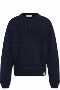 Bally NAVY BLUE Cotton sweater with logo patch