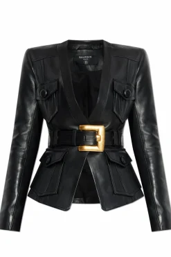 Balmain BLACK Leather jacket with belt