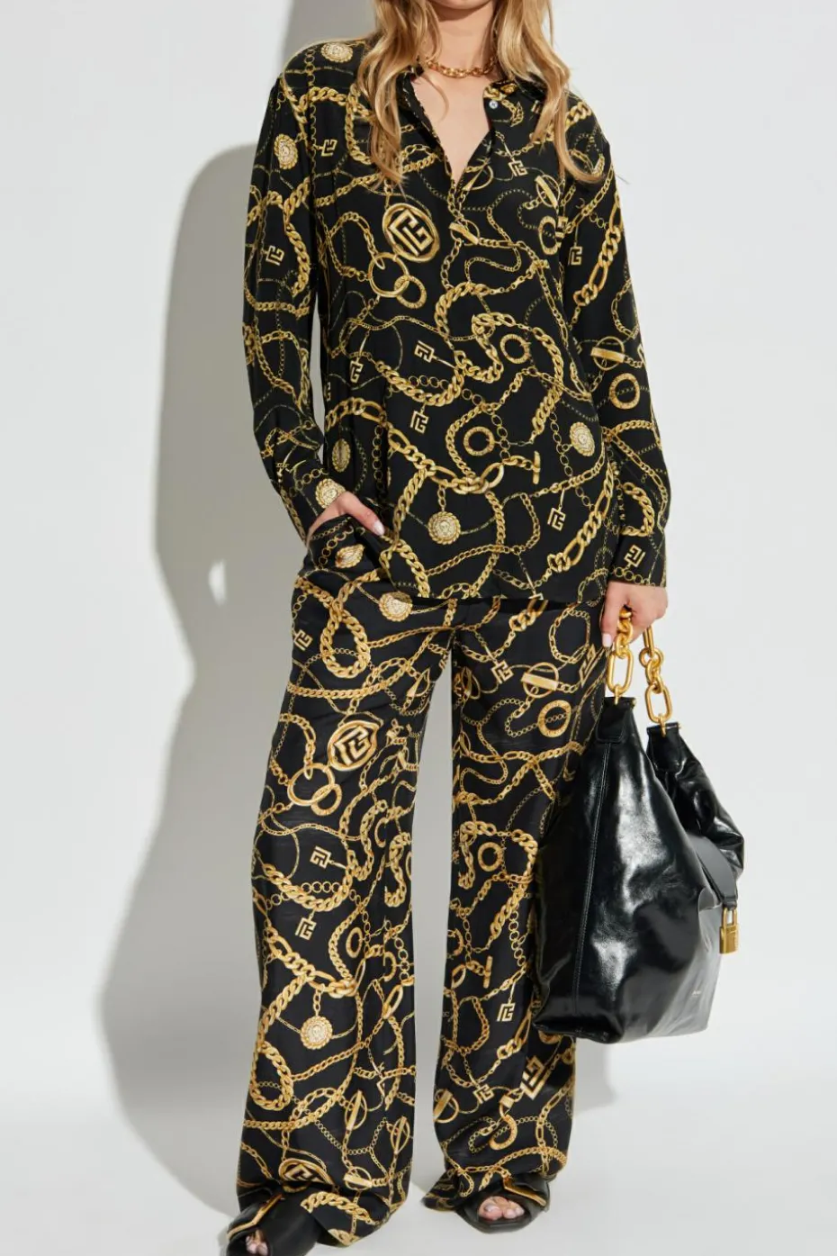 Balmain BLACK Silk trousers with print