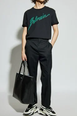 Balmain BLACK T-shirt with a logo and a velvet finish