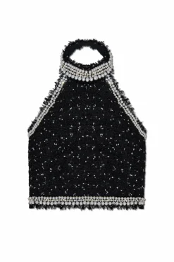 Balmain BLACK Tweed top with shimmering appliqués