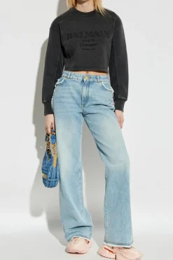 Balmain GREY Cropped sweatshirt with embroidered logo