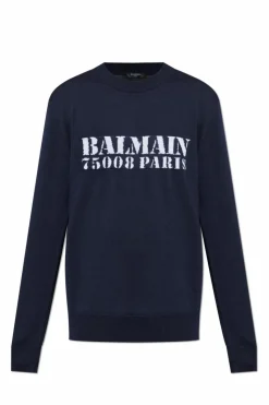 Balmain NAVY BLUE Wool sweater with logo