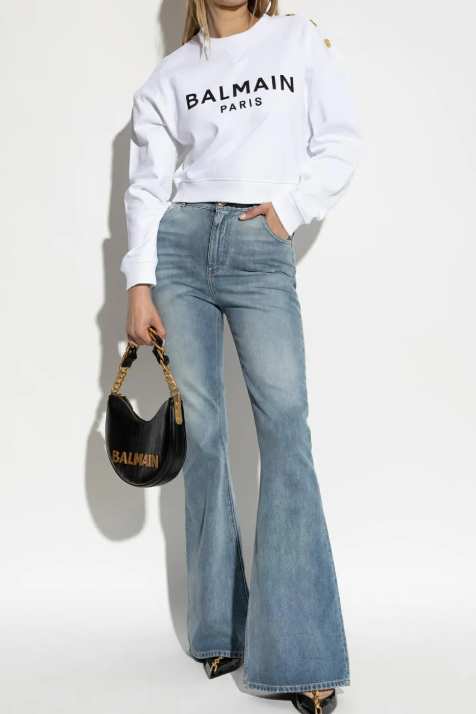Balmain WHITE Cropped sweatshirt with printed logo
