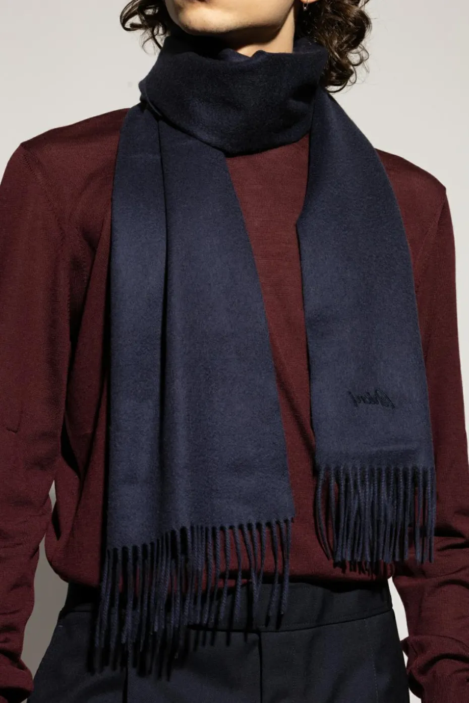 Brioni NAVY BLUE Cashmere scarf with logo