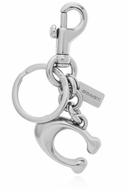 Coach SILVER Keychain with a pendant in the shape of a logo
