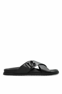 Dolce & Gabbana BLACK Leather slides with logo-shaped appliquƩ