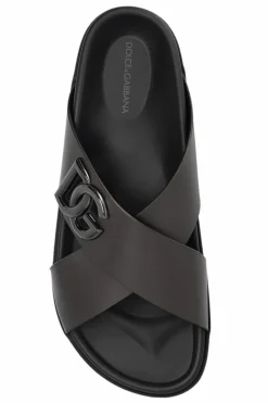 Dolce & Gabbana BROWN Leather slides with logo
