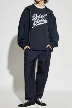 Dolce & Gabbana NAVY BLUE T-shirt with a logo and a velvet finish