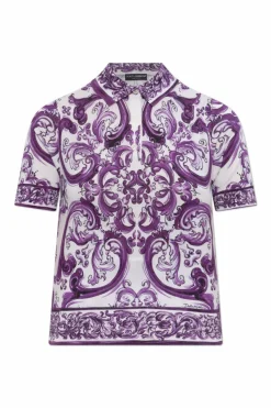 Dolce & Gabbana PURPLE Silk polo shirt with "Majolica" print