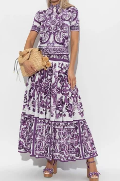 Dolce & Gabbana PURPLE Silk polo shirt with "Majolica" print