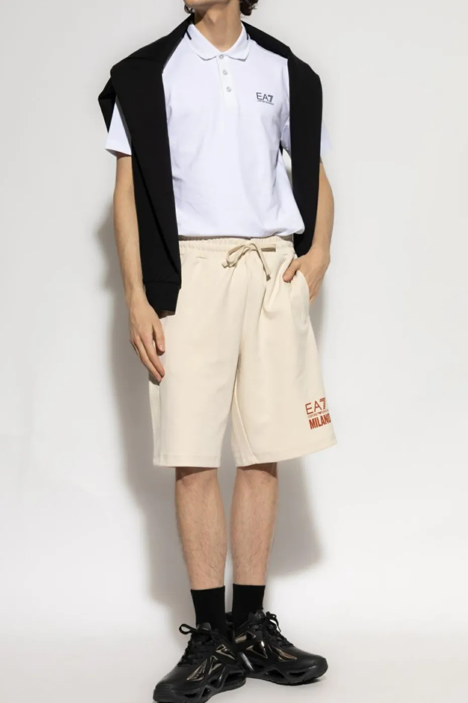 EA7 Emporio Armani cream Shorts with printed logo