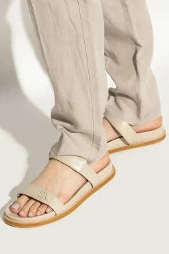 Emporio Armani cream Leather slides with logo