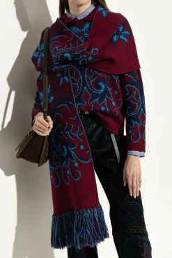 Etro BURGUNDY Wool scarf with fringes