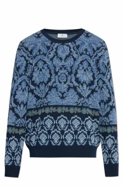 Etro NAVY BLUE Cotton sweater with decorative pattern