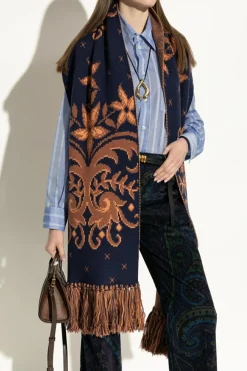 Etro NAVY BLUE Wool scarf with fringes