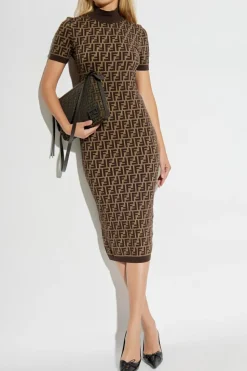 Fendi BROWN Dress with stand-up collar