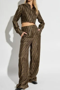 Fendi BROWN Silk trousers with monogram