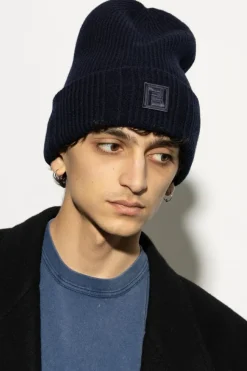 Fendi NAVY BLUE Wool hat with logo patch