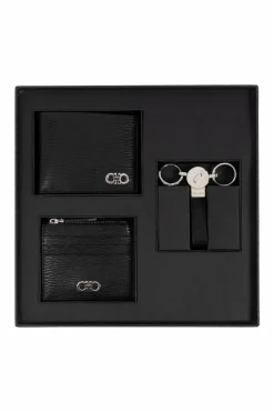 FERRAGAMO BLACK Set: wallet, card holder, and keychain