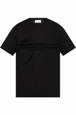 FERRAGAMO BLACK T-shirt with a logo and velvet finish