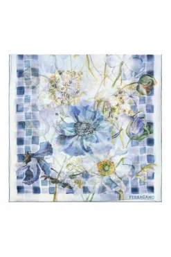 FERRAGAMO BLUE Silk scarf with floral motif