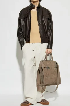 FERRAGAMO BROWN Leather jacket with stand-up collar