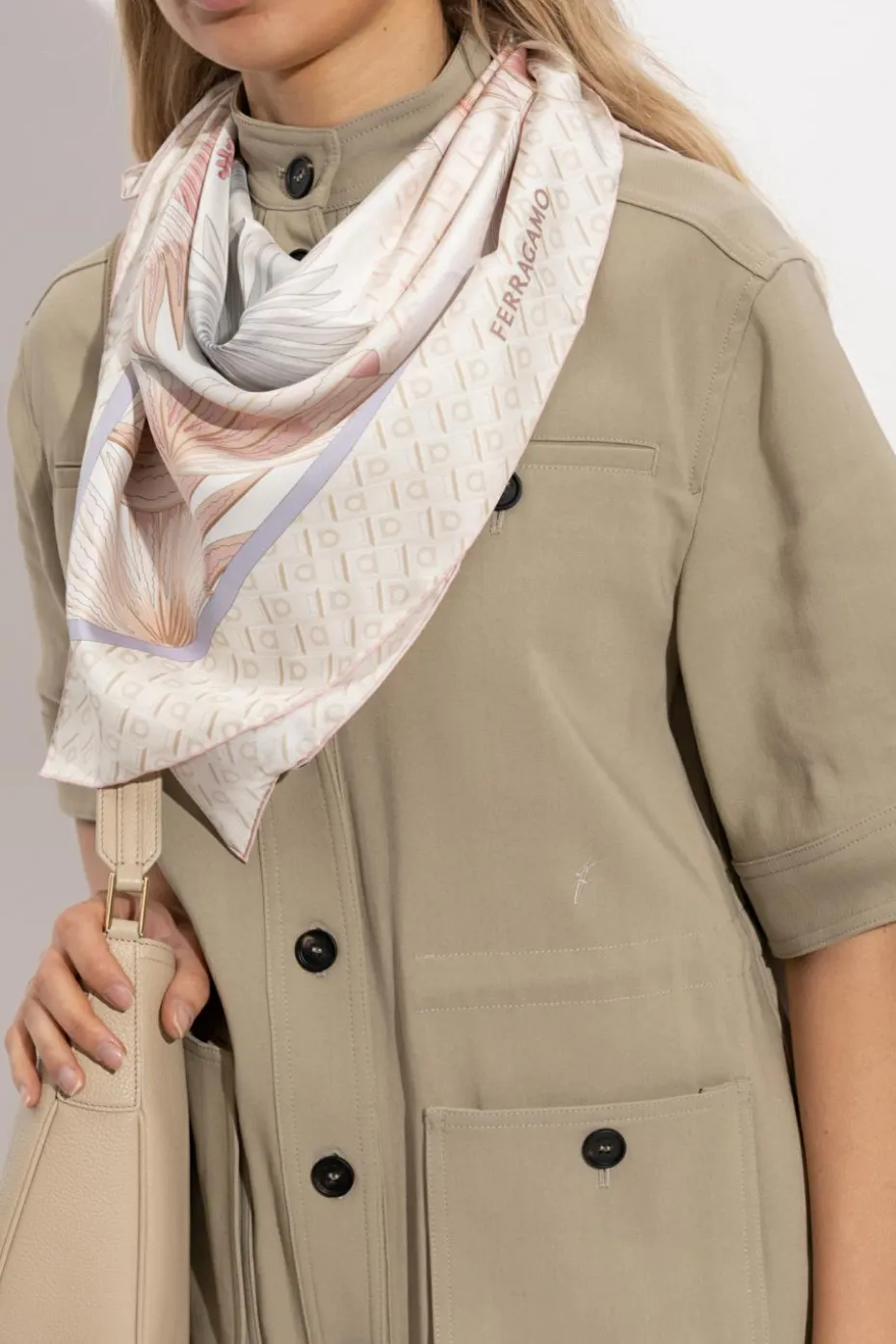 FERRAGAMO cream Silk scarf with print