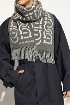FERRAGAMO GREY Wool scarf with logo