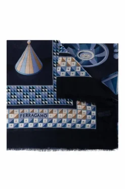 FERRAGAMO NAVY BLUE Cashmere scarf with print