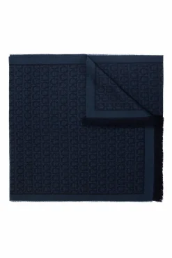 FERRAGAMO NAVY BLUE Logo-embroidered scarf