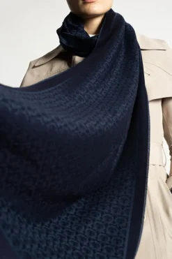 FERRAGAMO NAVY BLUE Logo-embroidered scarf