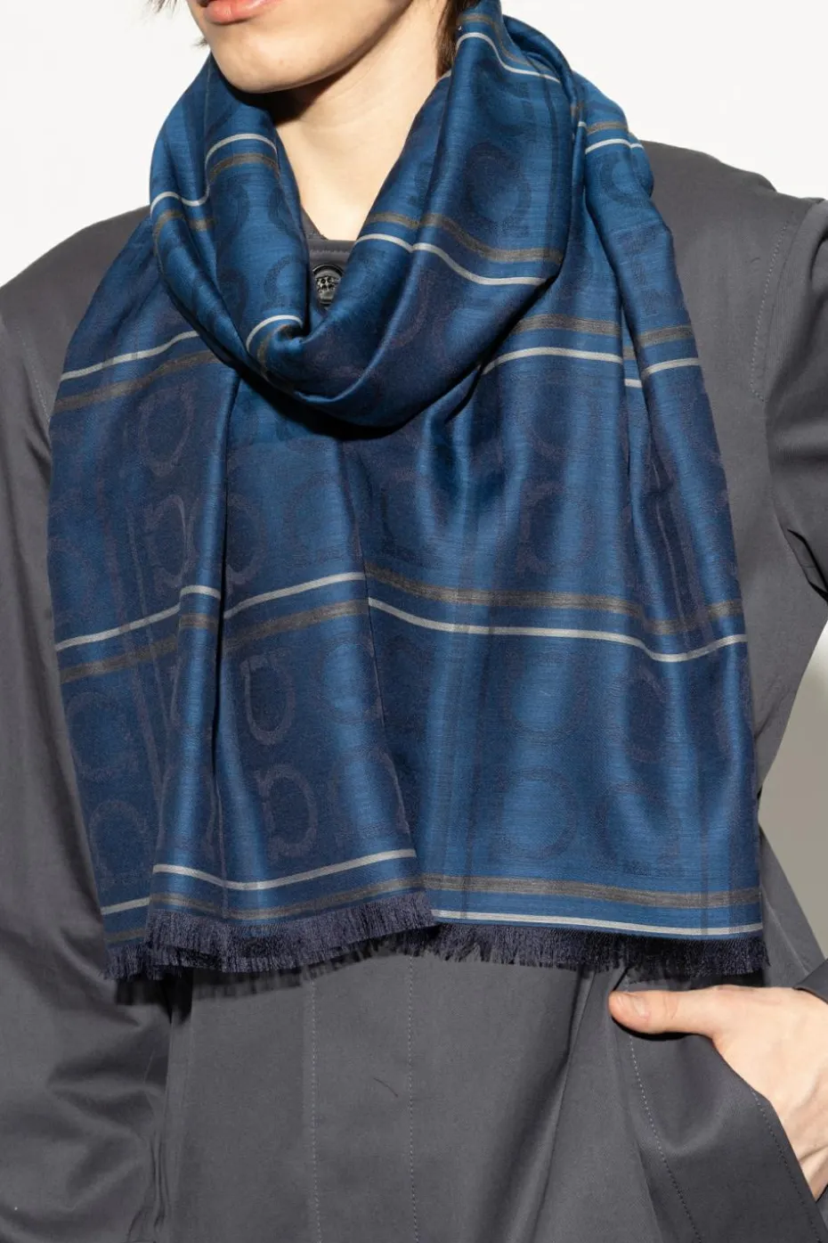 FERRAGAMO NAVY BLUE Scarf with Monogram
