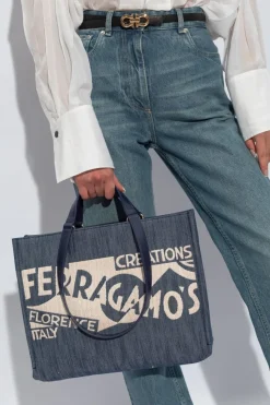 FERRAGAMO NAVY BLUE ‘Sign M’ Shopper Bag