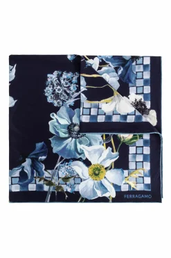 FERRAGAMO NAVY BLUE Silk scarf with floral motif