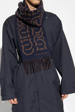 FERRAGAMO NAVY BLUE Wool scarf with logo