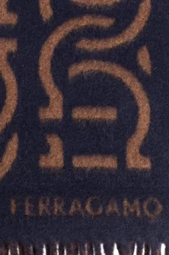 FERRAGAMO NAVY BLUE Wool scarf with logo