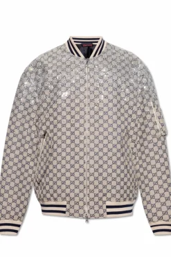 Gucci beige Padded bomber jacket with shimmering appliqués
