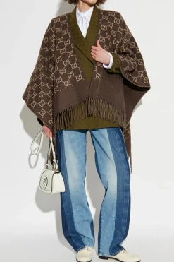 Gucci BROWN Wool poncho with 'GG' pattern