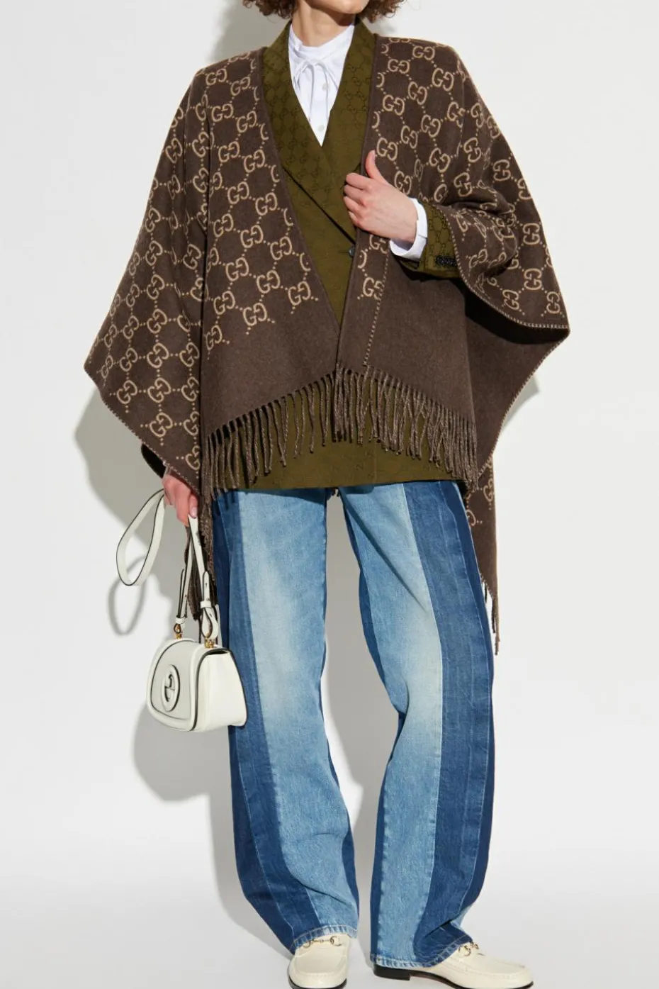 Gucci BROWN Wool poncho with 'GG' pattern