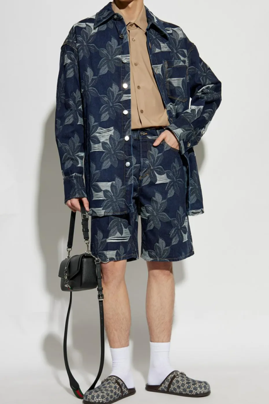 Gucci NAVY BLUE Denim shorts with floral pattern