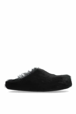 Marni BLACK Slippers with fur trim