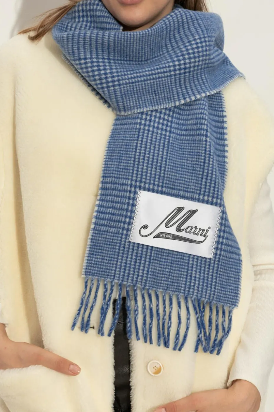 Marni BLUE Scarf with a check pattern