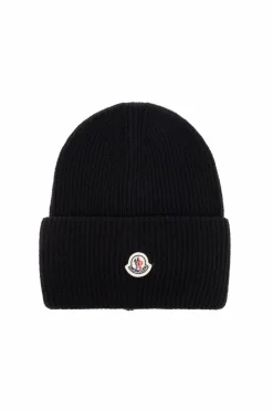Moncler BLACK Wool beanie with logo patch
