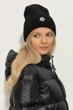 Moncler BLACK Wool beanie with logo patch