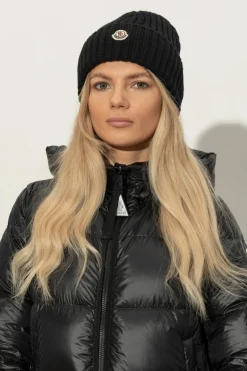Moncler BLACK Wool beanie with logo patch